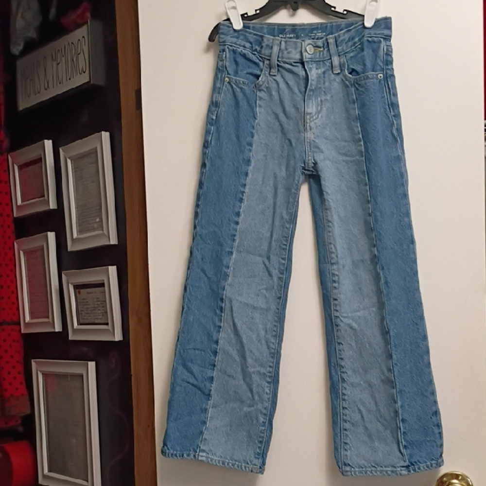 Girls Two-Tone Patchwork Wide-Leg Jeans